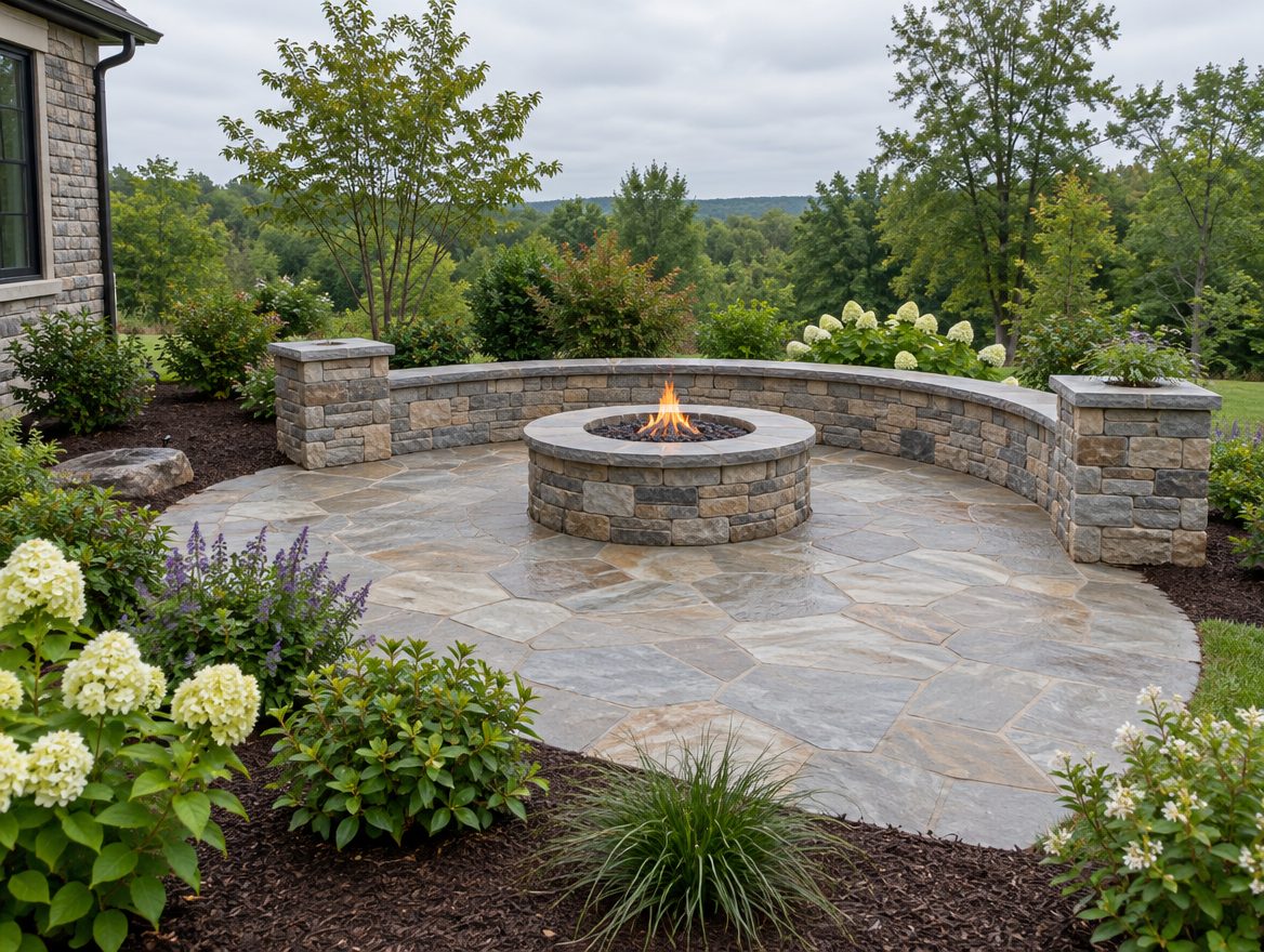 Natural stone patio with a fire pit