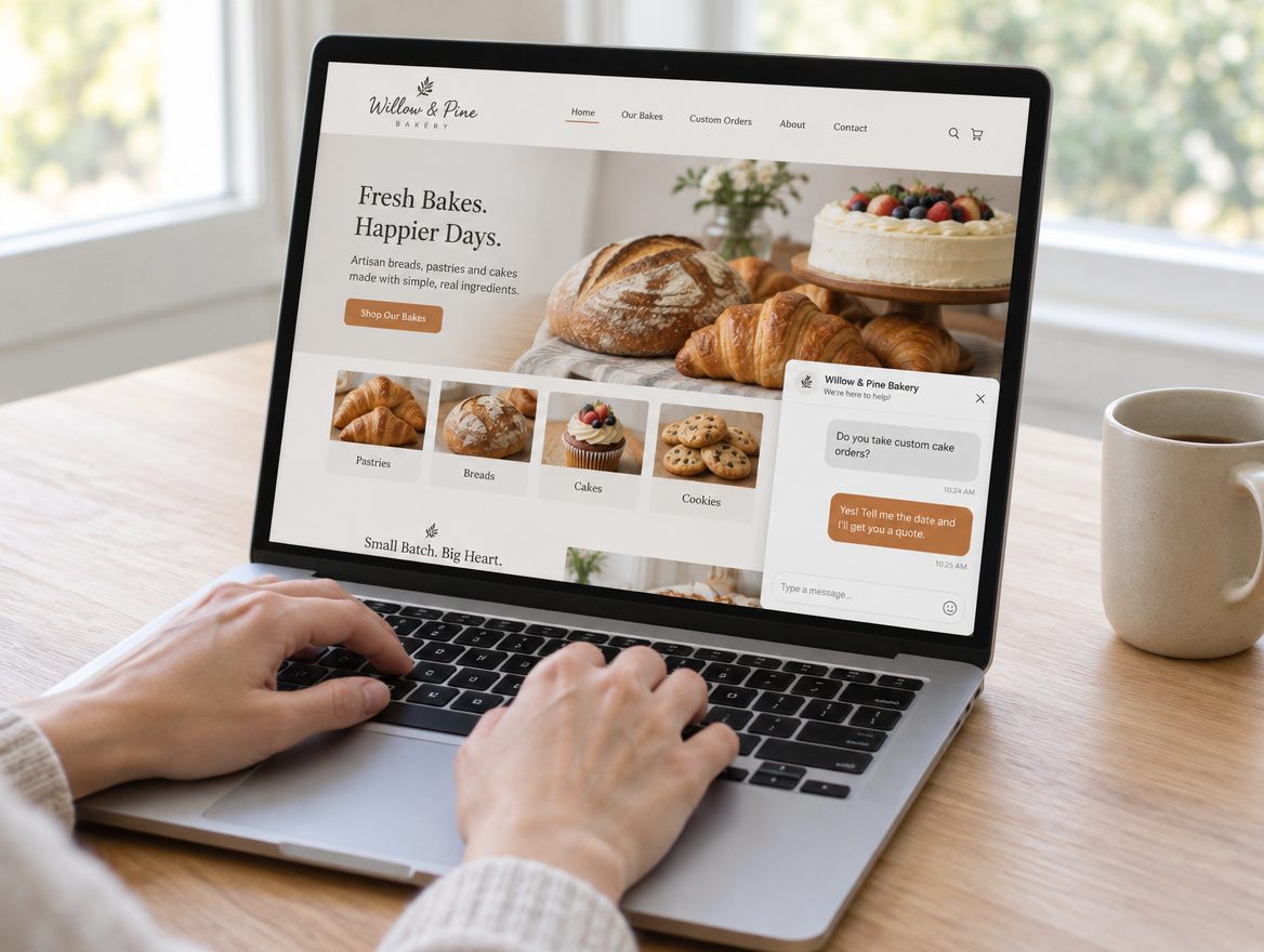 Hands typing on a laptop showing a bakery website with a chat assistant open