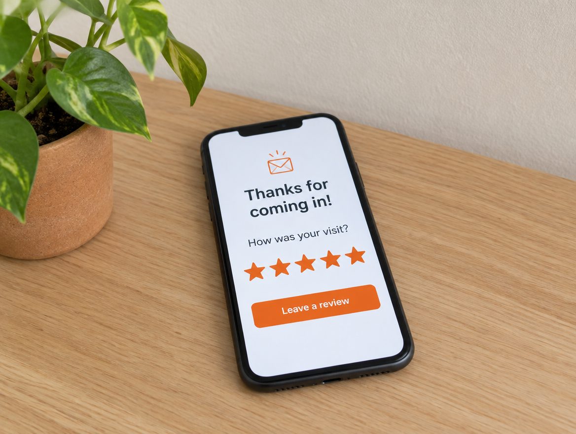 A phone showing a review request email with five stars
