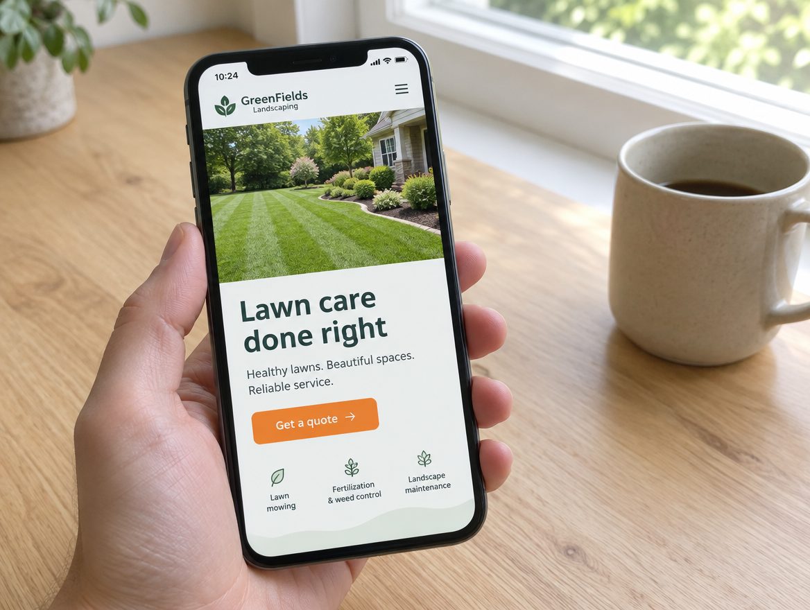 A phone showing a lawn care website with a Get a quote button